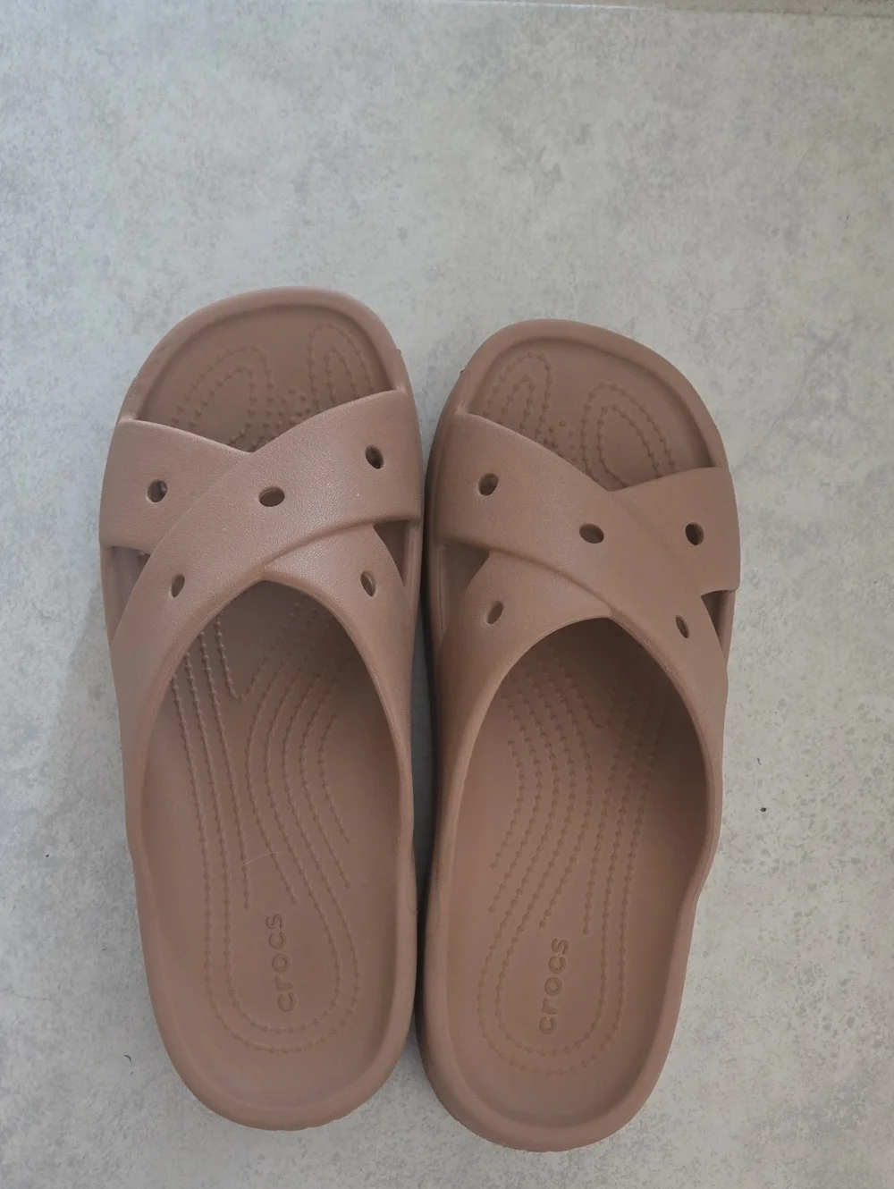 CROCS Tan Crosstrap Slide Sandals
